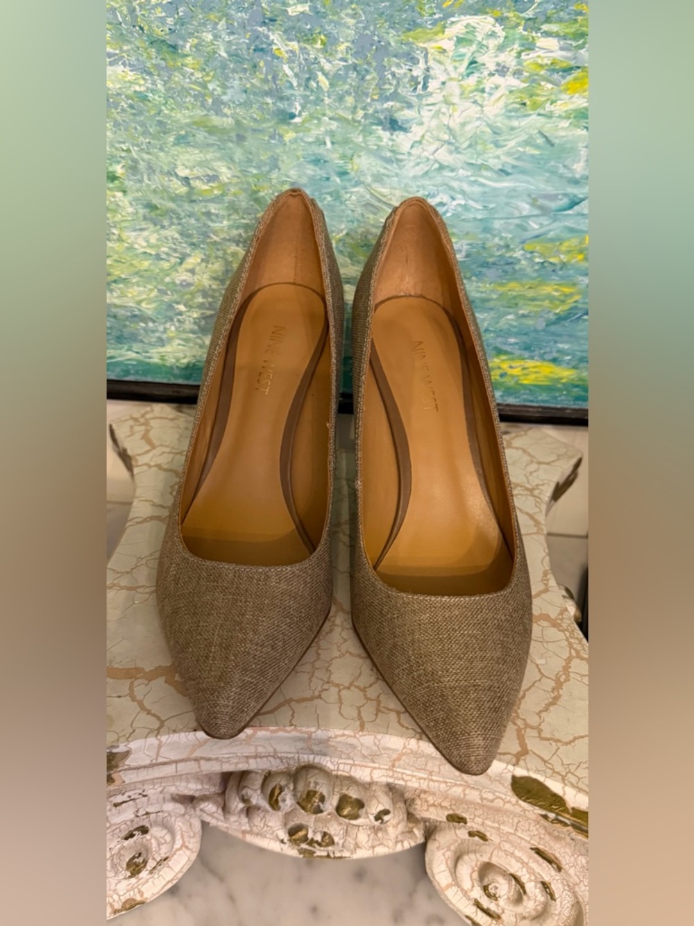 Nine West Linen like Off-Brown Lace-Up Back Pointed-Toe Heels - Picture 4 of 7